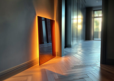 Open door in a room with light coming through. 3d renderingの素材