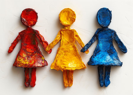 Children's figures made of colored foil on a white background. Children's drawing.の素材