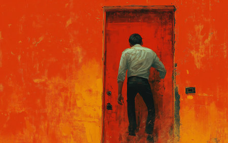 Man standing in front of a red door with an orange background.の素材