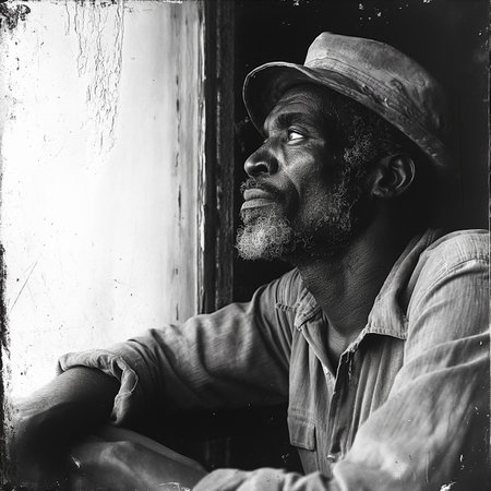 Black and white portrait of an African American man in a hat.の素材