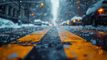 Snowfall on the road in the city. Traffic on the street.の素材