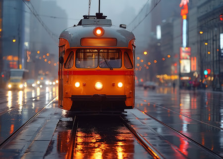 Tram on the street in the city at night in the rainの素材