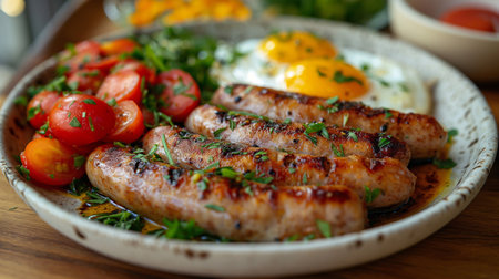 A white plate with sausages, eggs and tomatoesの素材