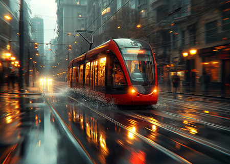 Red tram in the city at night. 3d rendering toned imageの素材