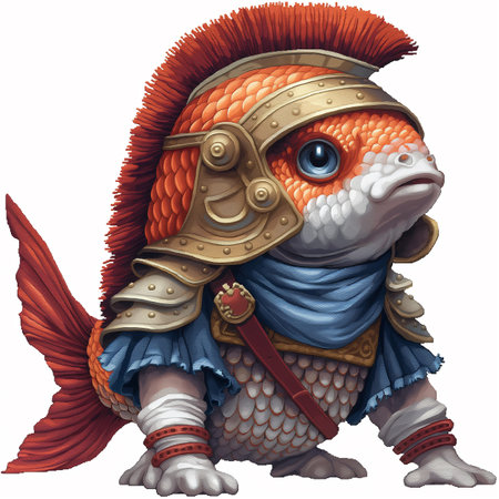 cartoon character isolated on white - goldfish as roman warriorの素材