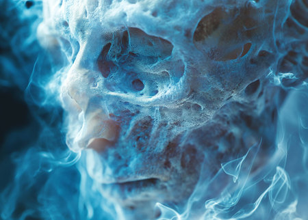 Close-up of human skull with blue smoke. 3D renderingの素材