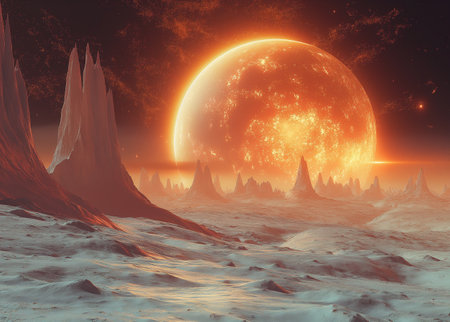 Fantasy alien planet. Mountain and moon. 3D illustration.の素材