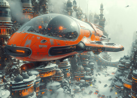Fantasy scene with spaceship flying in the sky. 3d illustrationの素材