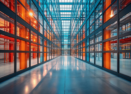 Modern office building interior with glass walls and floor. 3d renderingの素材