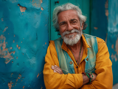 Portrait of an old man with white beard in a yellow jacket.の素材