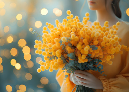 Young woman with mimosa bouquet on bokeh background, closeupの素材