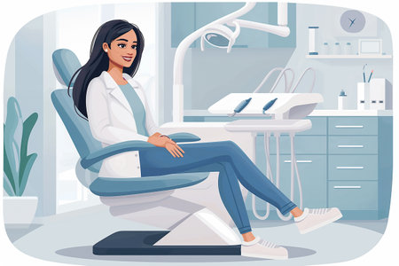 Vector illustration of a young woman sitting in a dental chair at the dentistの素材