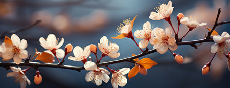 Beautiful blooming branch of apricot on a blue backgroundの素材