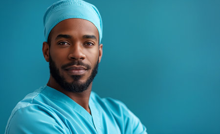 african american surgeon in turquoise cap looking at cameraの素材