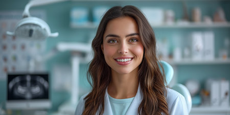 Portrait of smiling female dentist looking at camera while standing in dental clinicの素材