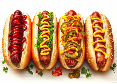 Hot dogs with mustard and ketchup on a white wooden table. Top viewの素材