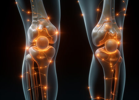 X-ray of human body with highlighted knee joint, 3D illustrationの素材