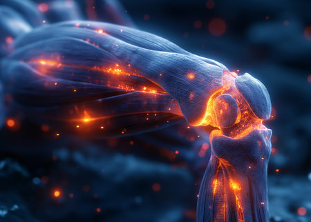 Human muscle anatomy with glowing ligaments, 3d rendering. Computer digital drawing.の素材