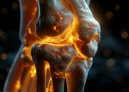 3d rendered illustration of a painful knee joint in x-rayの素材