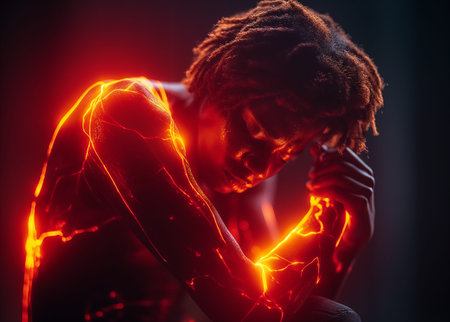 African American woman suffering from pain in her shoulder. Medical and healthcare concept.の素材