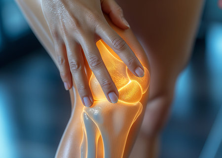 A detailed anatomical illustration of a knee and hand joint affected by osteoarthritisの素材