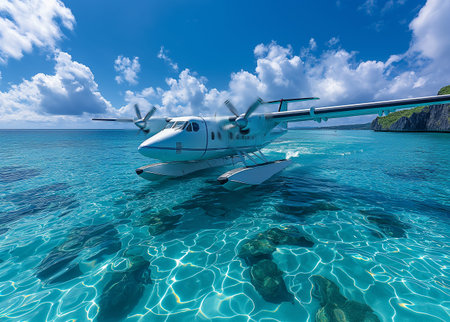 Small private plane in the sea. 3D render. Clip art.の素材
