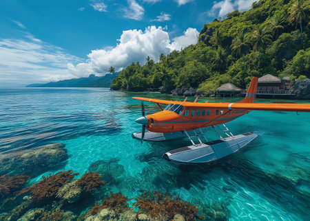 Aerial view of a small seaplane in the ocean. 3D renderingの素材