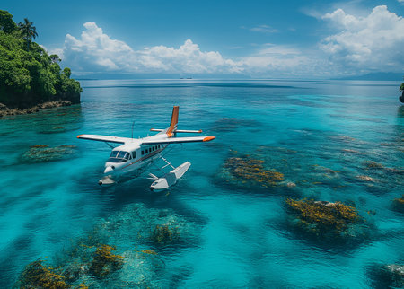 Small airplane in the turquoise water of a tropical lagoonの素材