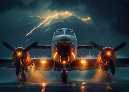 Lightning strikes the propeller of an airplane. 3D renderingの素材