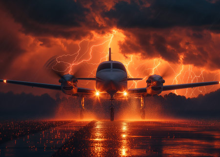 Airplane in the sky with thunderstorm and lightning. 3d renderingの素材