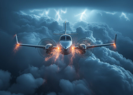 Airplane in the clouds. 3d rendering, 3d illustration.の素材