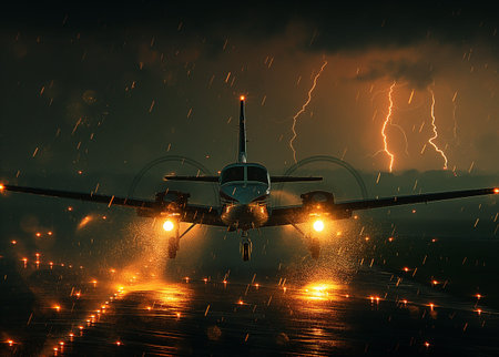 Airplane in the sky with a thunderstorm. 3d renderingの素材