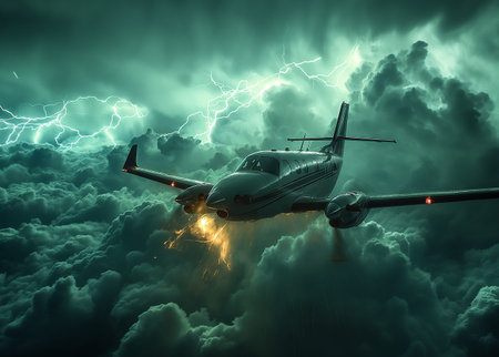 Airplane in the stormy sky with lightning. 3d renderingの素材