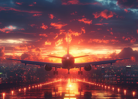 Airplane in the sky above the city at sunset. 3d renderingの素材