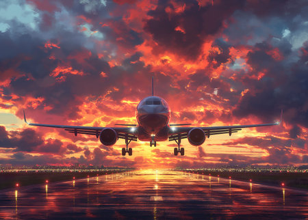 Airplane in the sky at sunset. 3d render. Business travel conceptの素材