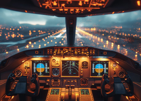 cockpit of an airplane with a view of the road in the fogの素材
