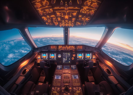Cockpit of an airplane flying above the clouds. 3d renderingの素材