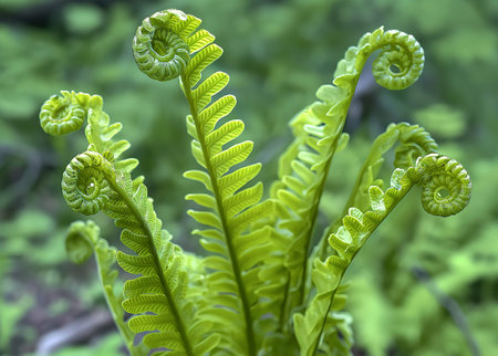 Close up of fern leaves in the forest. Shallow depth of field.の素材