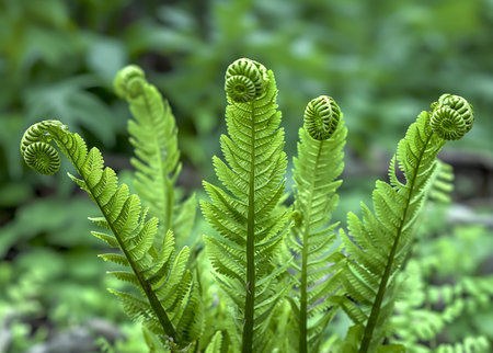 Close up of young green fern leaves in the spring forest.の素材