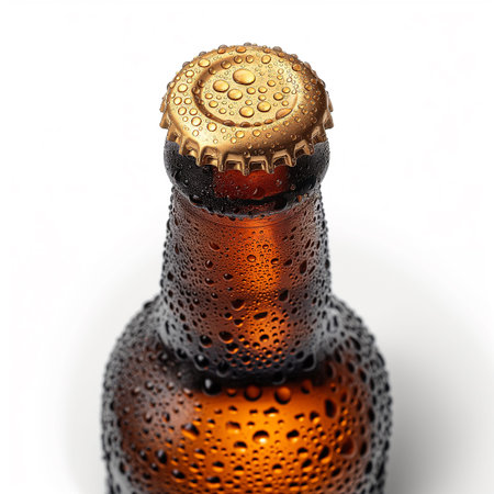 A detailed close-up image of the top of a glass brown beer bottle, isolated on a clean white background.の素材