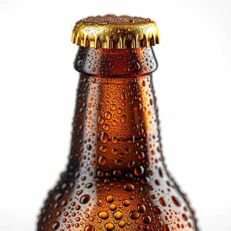 A detailed close-up image of the top of a glass brown beer bottle, isolated on a clean white background.の素材