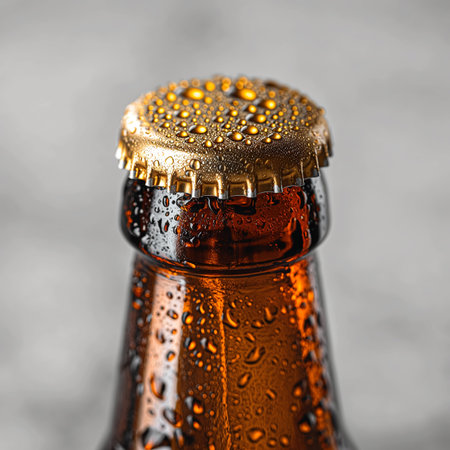 A detailed close-up image of the top of a glass brown beer bottle, isolated on a clean white background.の素材