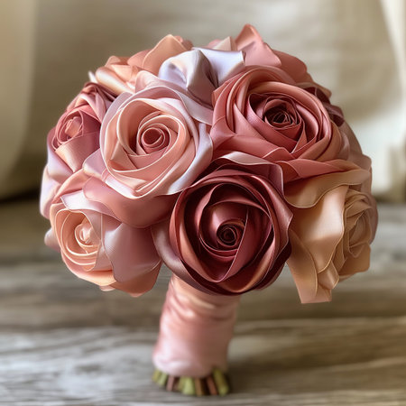 Wedding bouquet of pink and beige roses on a wooden backgroundの素材