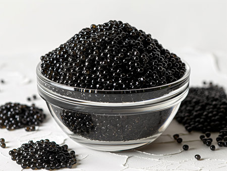 Black caviar in a glass bowl on a white background. Black caviar.の素材