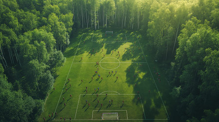 Aerial view of a soccer field in the forest. 3d renderingの素材