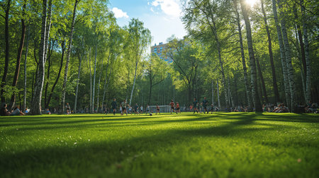 People walking in the park at sunny summer day, Moscow, Russiaの素材
