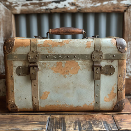 Vintage suitcase on a wooden background. Travel and tourism concept.の素材