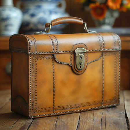 Vintage brown leather briefcase on a wooden table, stock photoの素材