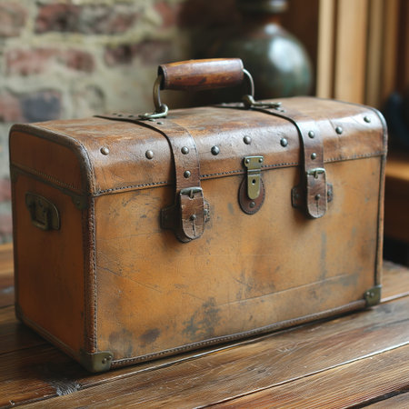 Vintage brown leather suitcase on a wooden table in a cafe.の素材