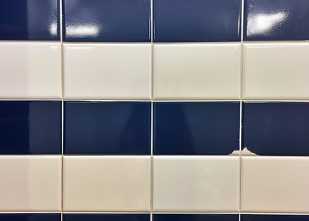 Blue and white ceramic tile wall texture background for interior or exterior design.の素材